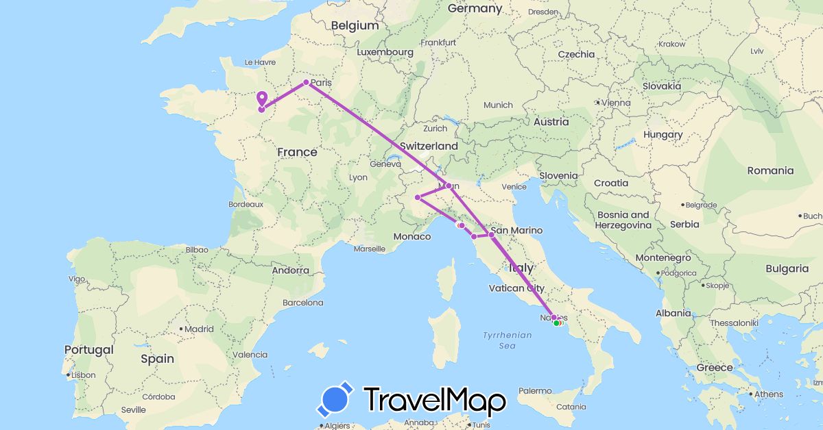 TravelMap itinerary: driving, bus, train, hiking in France, Italy (Europe)